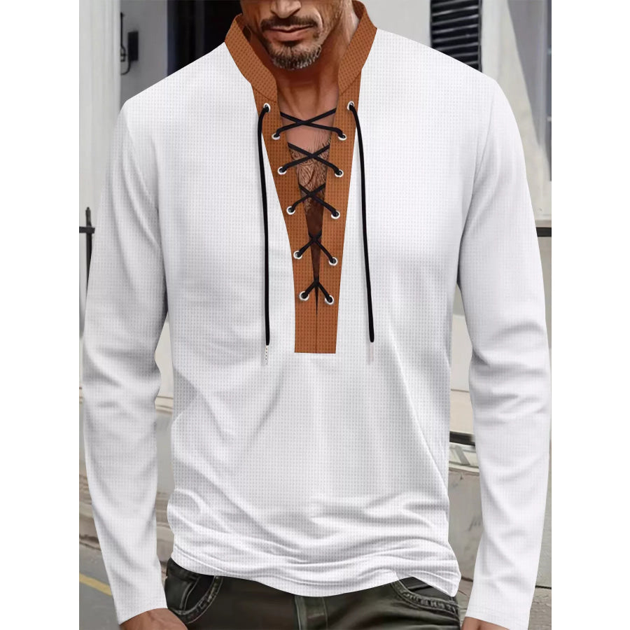 Men’s Full Size Vintage Lace-Up Long Sleeve T-Shirt Plus Size White / S Apparel and Accessories