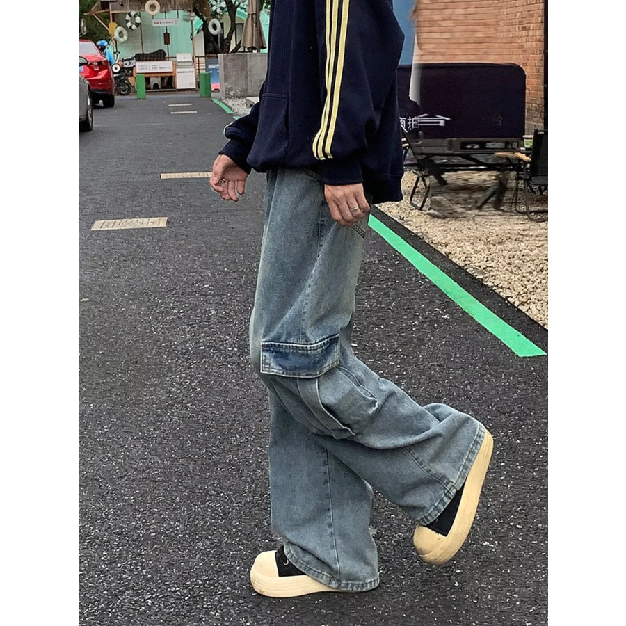 Men’s Full Size Vintage Wash Wide Leg Cargo Jeans Plus Size Apparel and Accessories