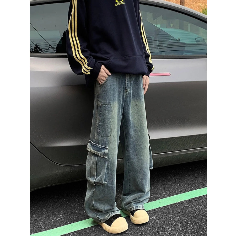 Men’s Full Size Vintage Wash Wide Leg Cargo Jeans Plus Size Apparel and Accessories