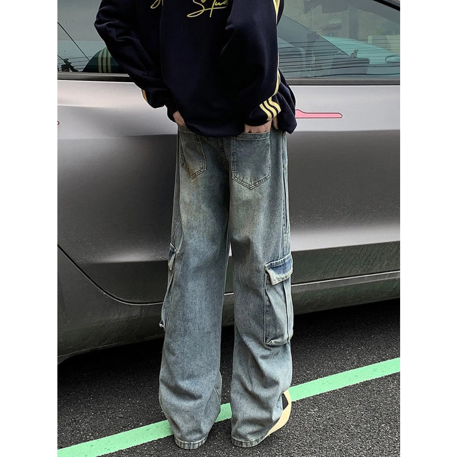 Men’s Full Size Vintage Wash Wide Leg Cargo Jeans Plus Size Apparel and Accessories