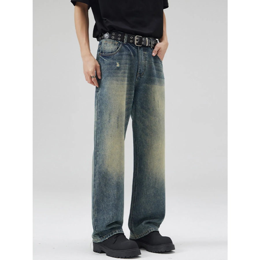 Men’s Full Size Vintage Wash Wide Leg Jeans Plus Size Apparel and Accessories
