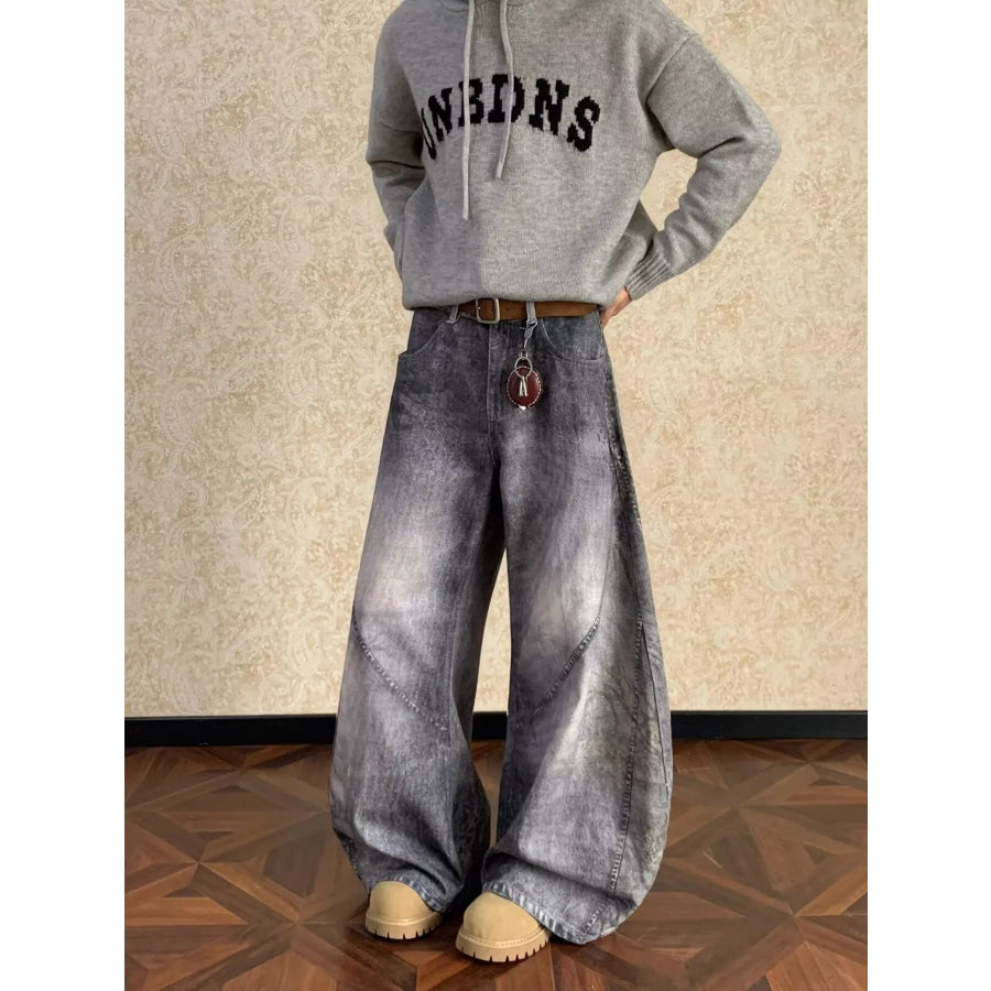 Men’s Full Size Vintage Wash Wide Leg Jeans Plus Size Apparel and Accessories