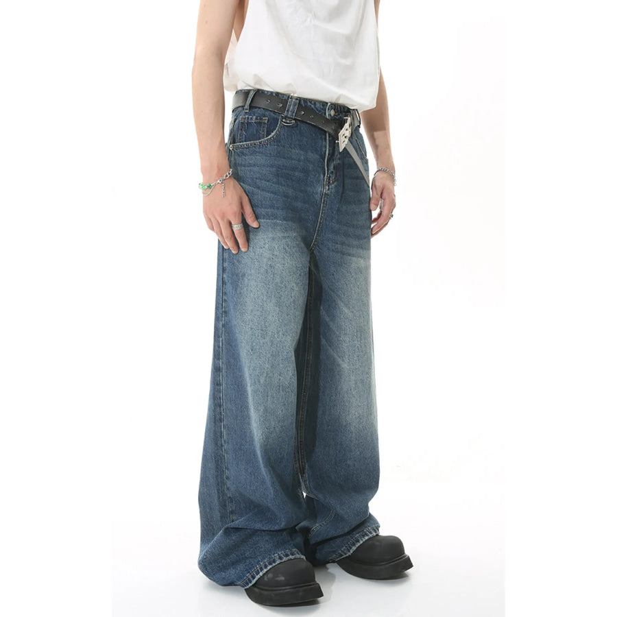 Men’s Full Size Vintage Wash Wide Leg Jeans Plus Apparel and Accessories