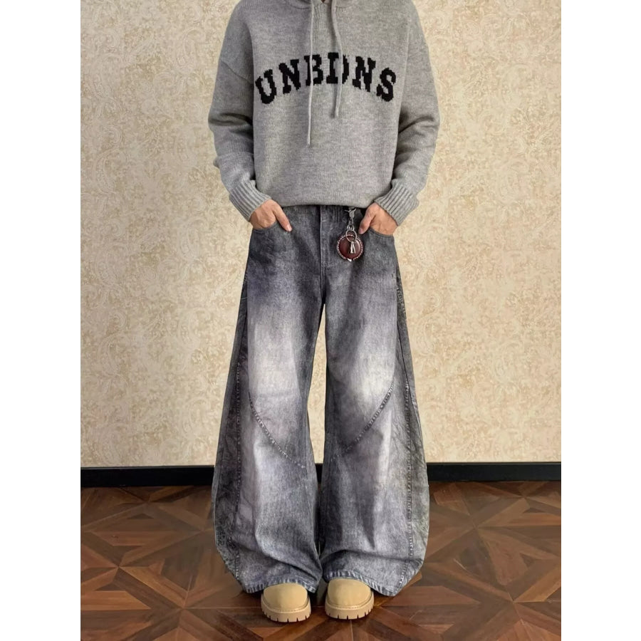 Men’s Full Size Vintage Wash Wide Leg Jeans Plus Size Black Gray / S Apparel and Accessories