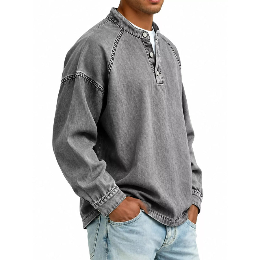 Men’s Full Size Vintage Washed Henley Shirt Plus Gray / S Apparel and Accessories