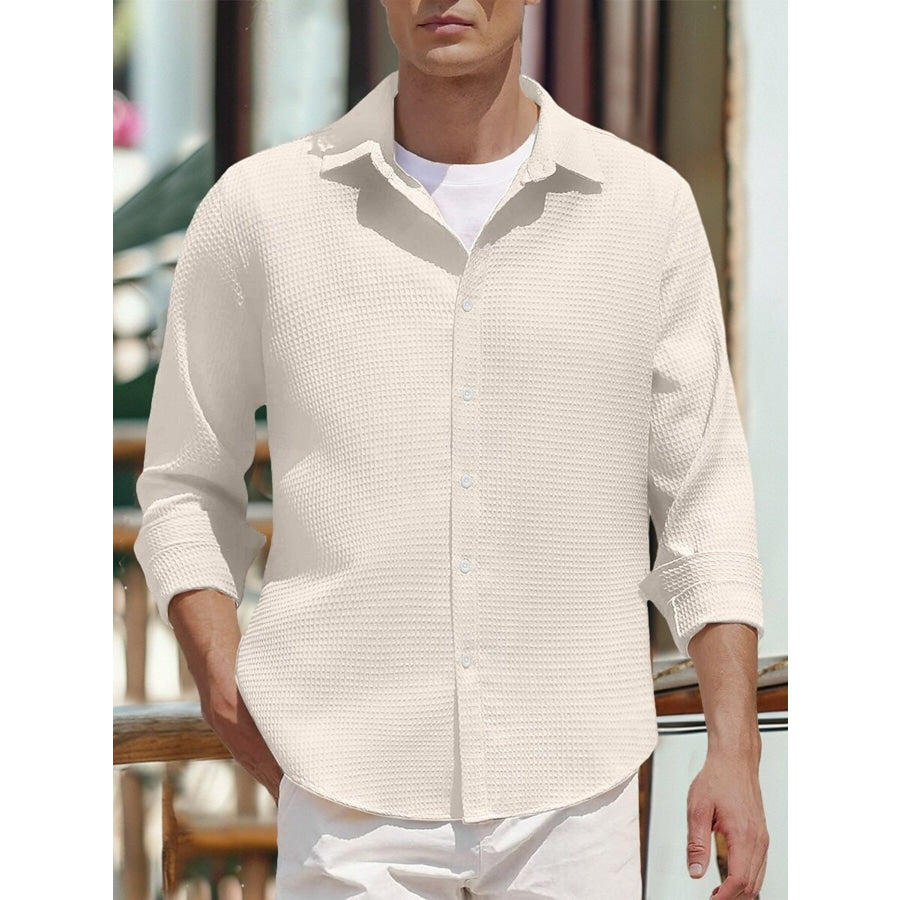 Men’s Full Size Waffle Knit Button Up Shirt Plus Size Khaki / S Apparel and Accessories
