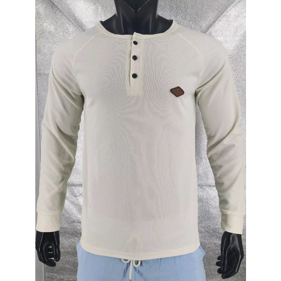 Men’s Full Size Waffle Knit Henley Long Sleeve T-Shirt Plus Apricot / S Apparel and Accessories