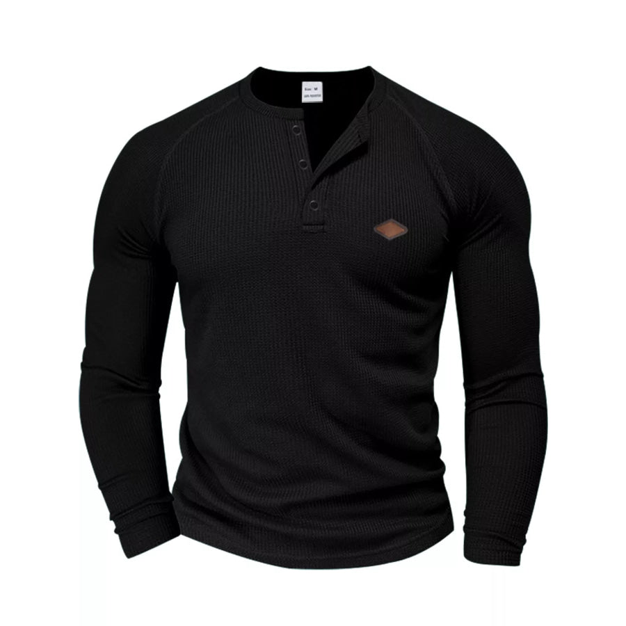 Men’s Full Size Waffle Knit Henley Long Sleeve T-Shirt Plus Black / S Apparel and Accessories