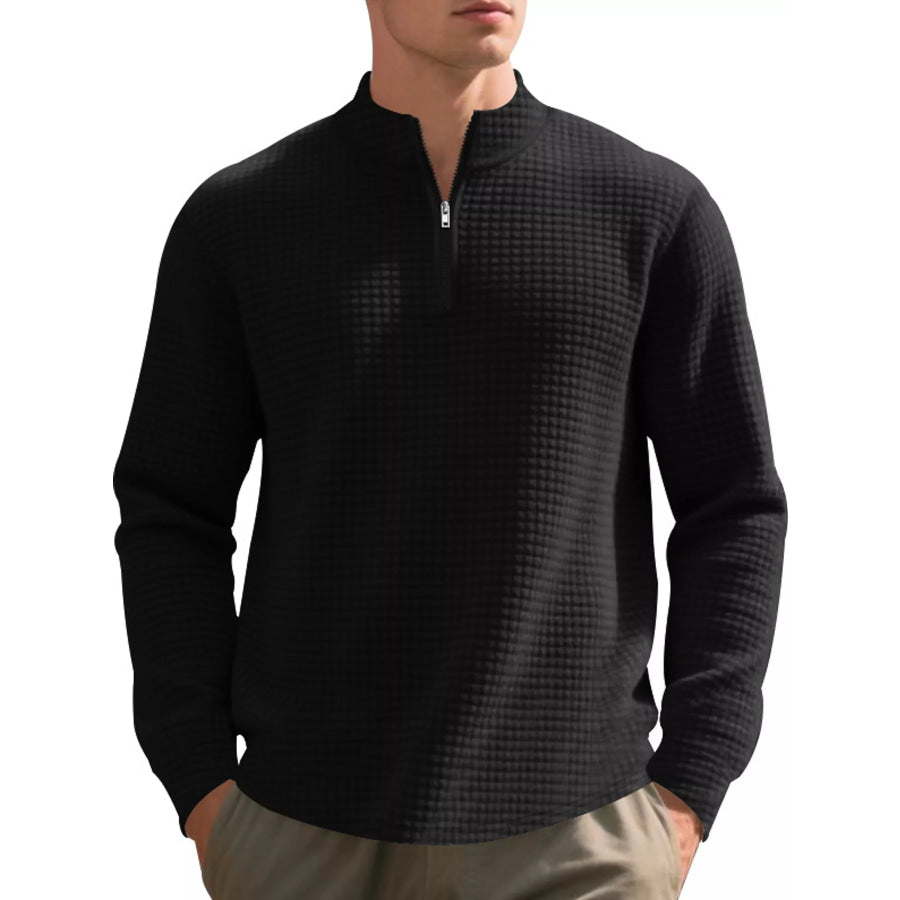 Men’s Full Size Waffle Knit Quarter-Zip Pullover Sweatshirt Plus Black / S Apparel and Accessories