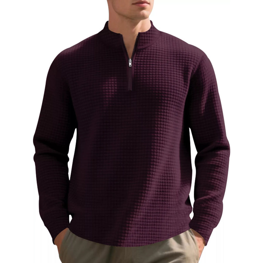 Men’s Full Size Waffle Knit Quarter-Zip Pullover Sweatshirt Plus Burgundy / S Apparel and Accessories