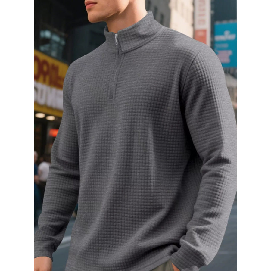 Men’s Full Size Waffle Knit Quarter-Zip Pullover Sweatshirt Plus Dark Gray / S Apparel and Accessories
