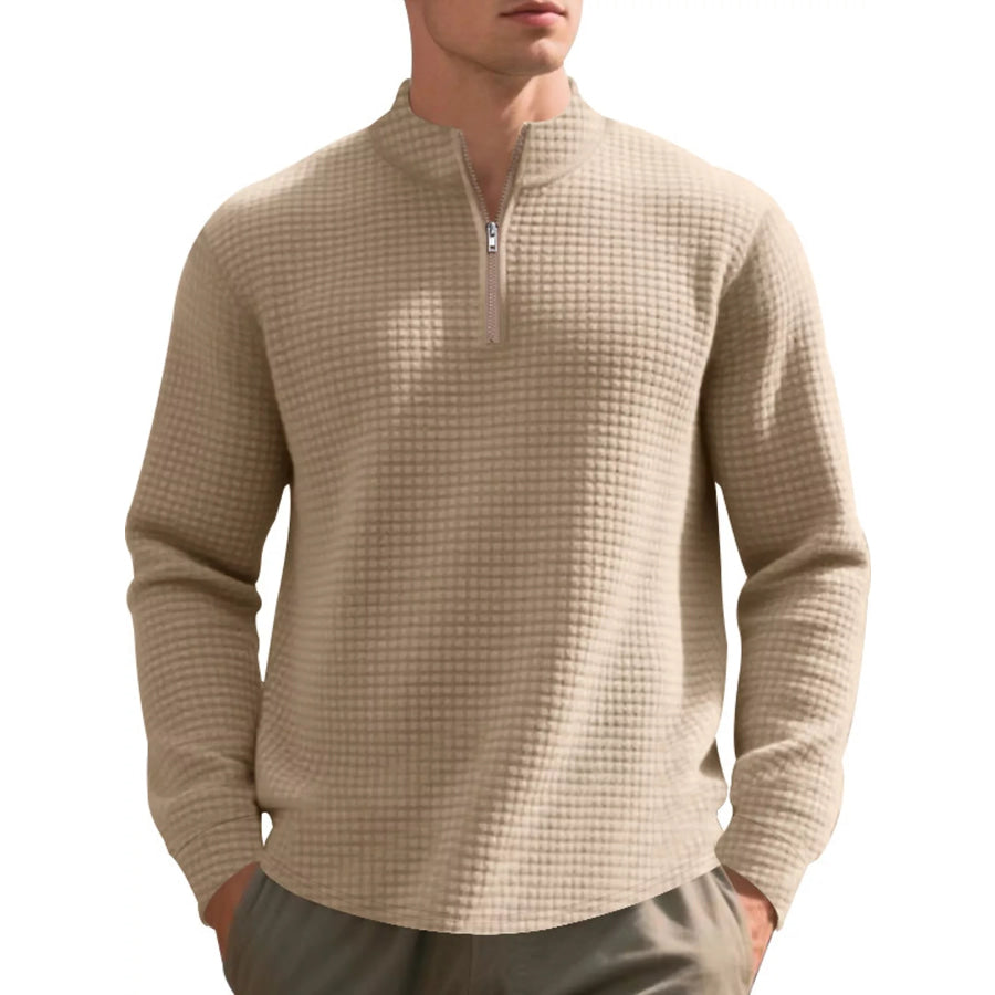 Men’s Full Size Waffle Knit Quarter-Zip Pullover Sweatshirt Plus Khaki / S Apparel and Accessories
