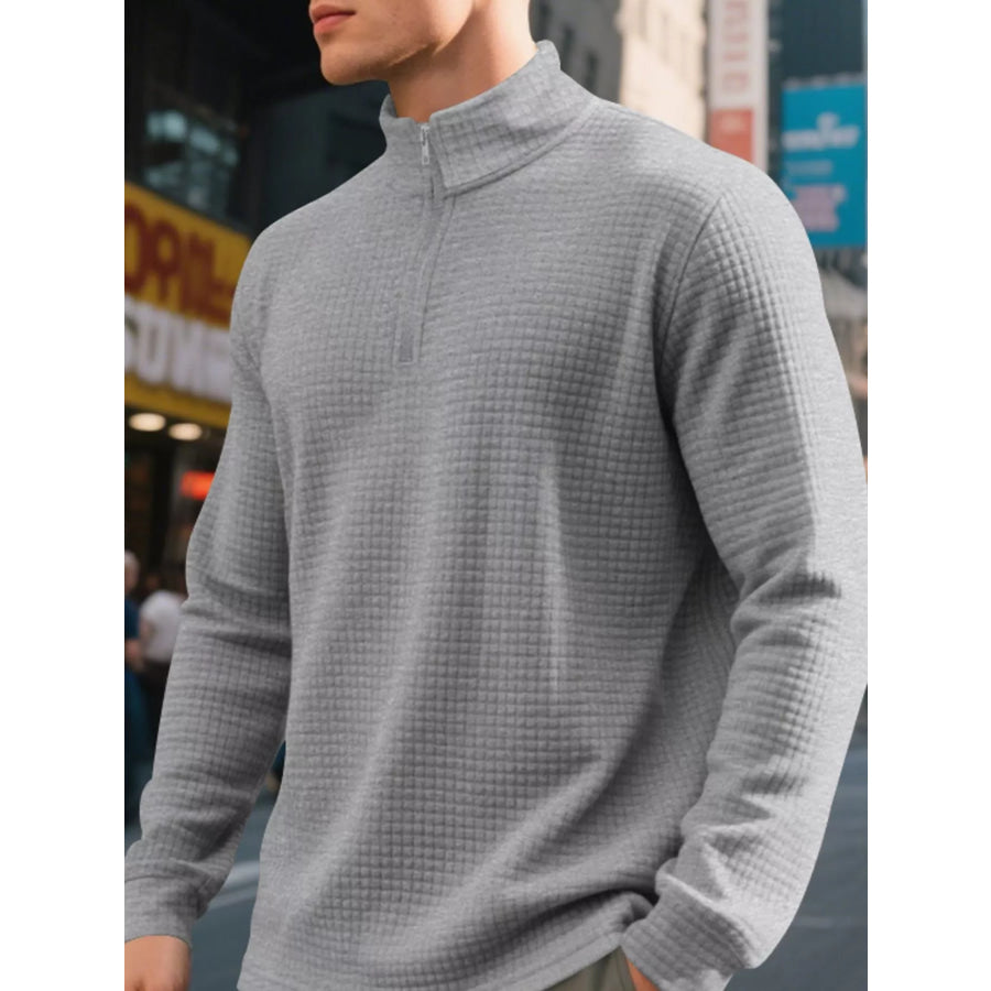 Men’s Full Size Waffle Knit Quarter-Zip Pullover Sweatshirt Plus Light Gray / S Apparel and Accessories