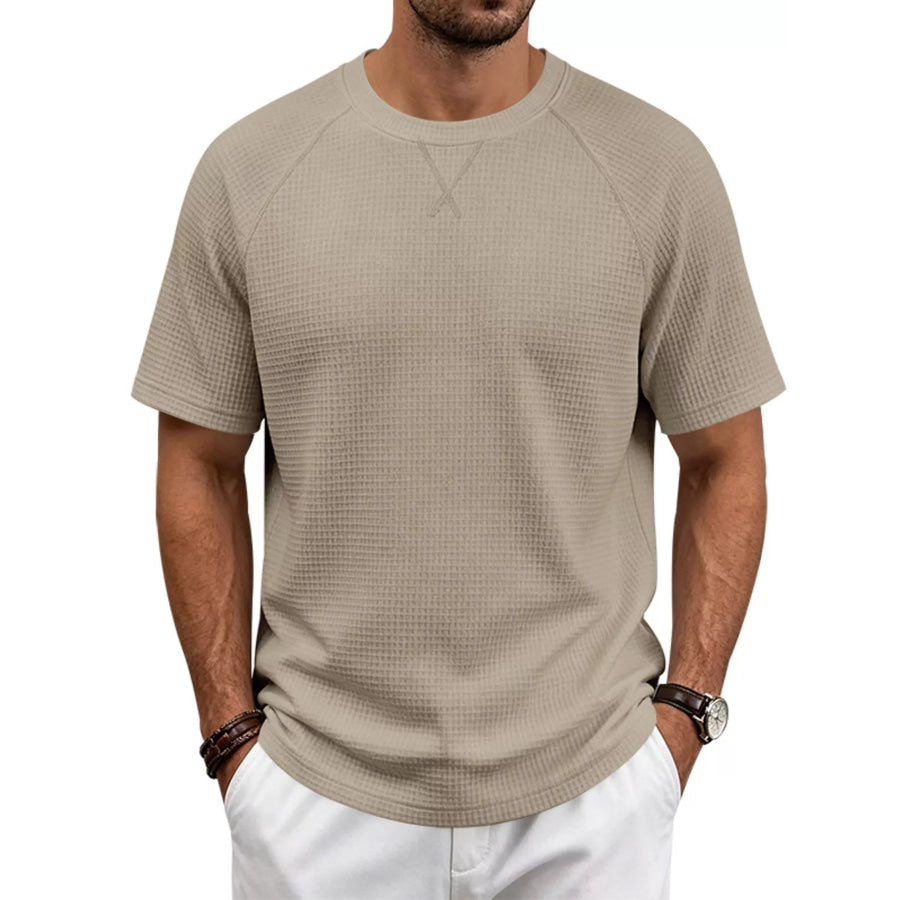 Men’s Full Size Waffle Knit Raglan Short Sleeve T-Shirt Plus Size Khaki / S Apparel and Accessories