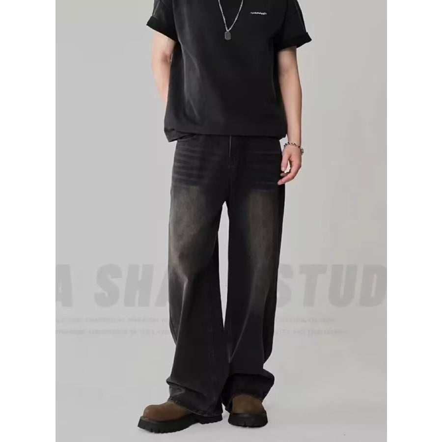 Men’s Full Size Wash Loose Fit Jeans Plus Size Black Gray / S Apparel and Accessories