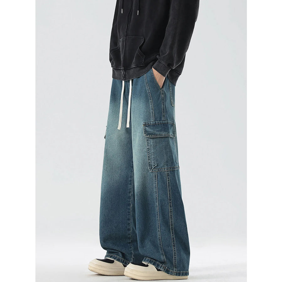 Men’s Full Size Wash Wide Leg Cargo Jeans Plus Size Apparel and Accessories