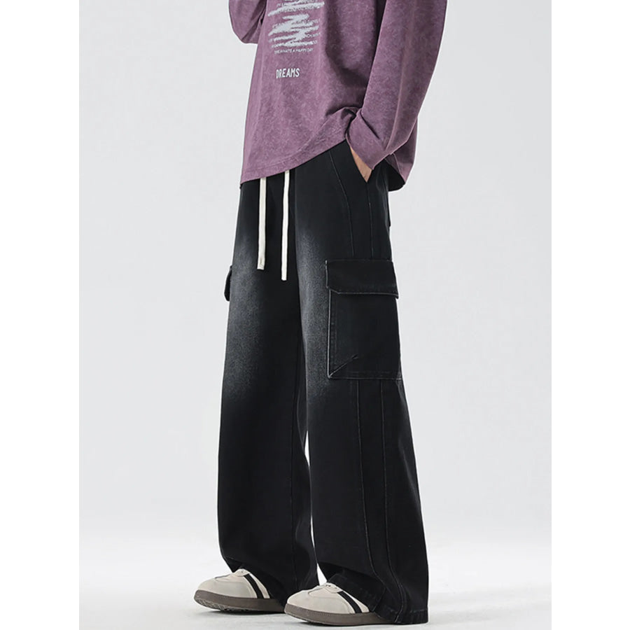 Men’s Full Size Wash Wide Leg Cargo Jeans Plus Size Black / S Apparel and Accessories