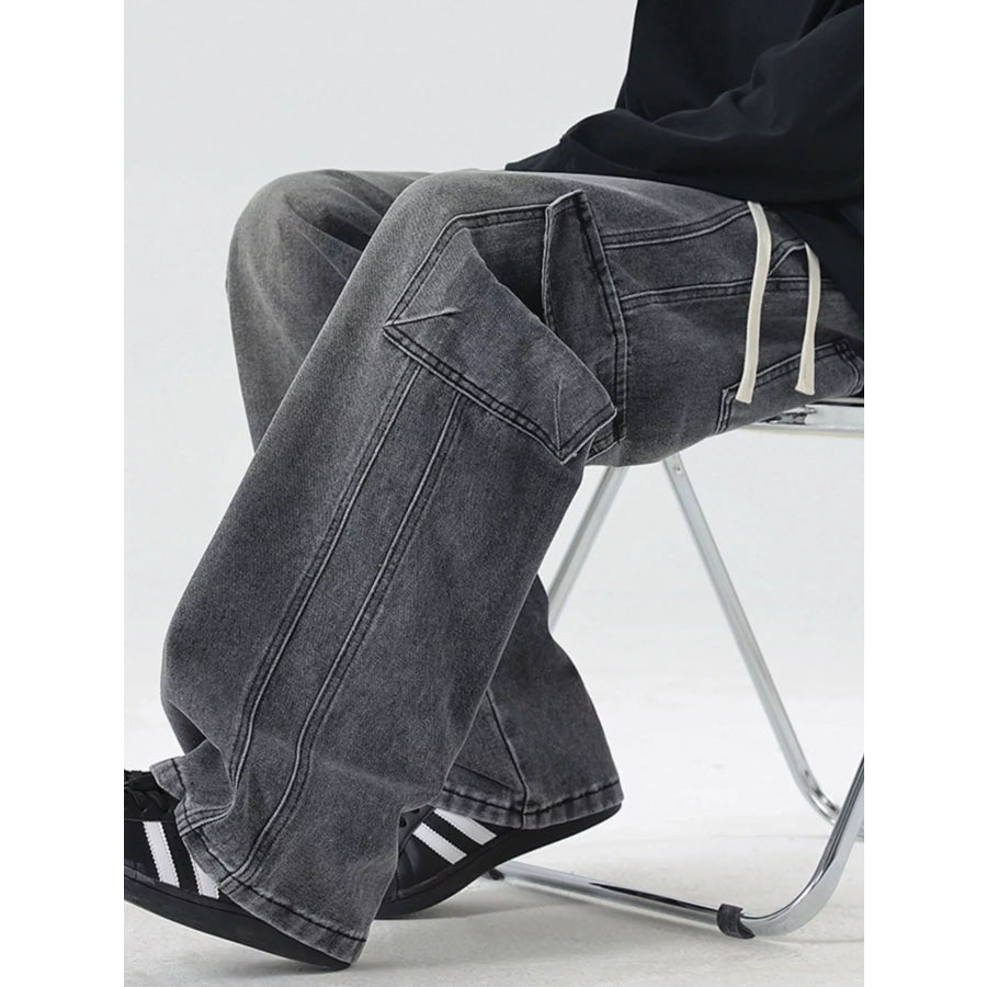 Men’s Full Size Wash Wide Leg Cargo Jeans Plus Size Dark Gray / S Apparel and Accessories