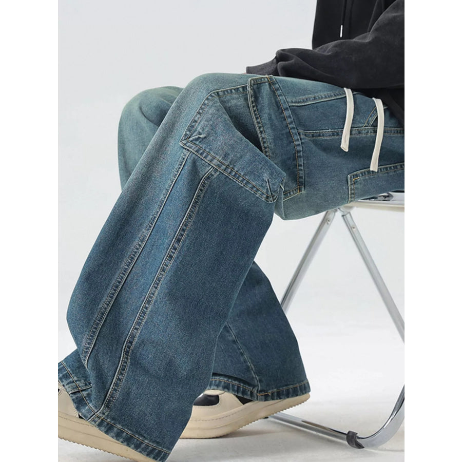 Men’s Full Size Wash Wide Leg Cargo Jeans Plus Size Dark / S Apparel and Accessories