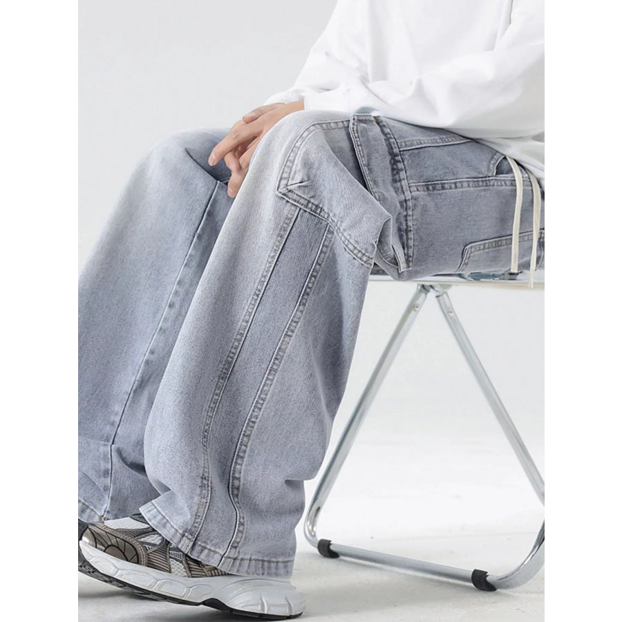 Men’s Full Size Wash Wide Leg Cargo Jeans Plus Size Light Blue / S Apparel and Accessories