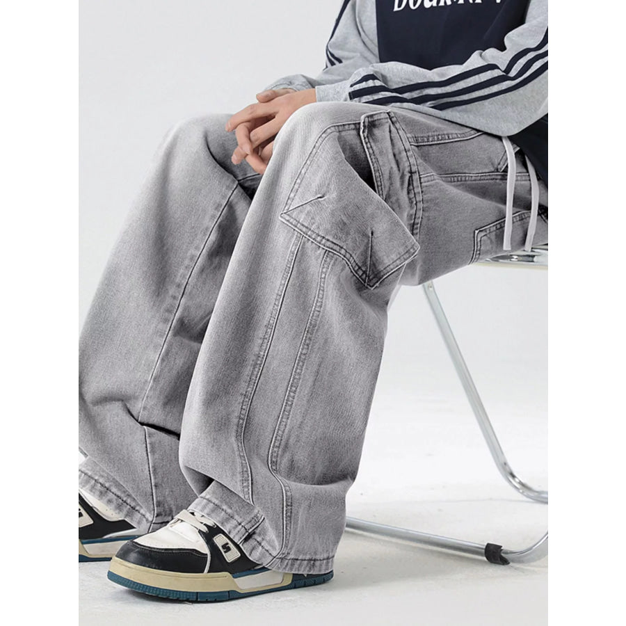 Men’s Full Size Wash Wide Leg Cargo Jeans Plus Size Light Gray / S Apparel and Accessories