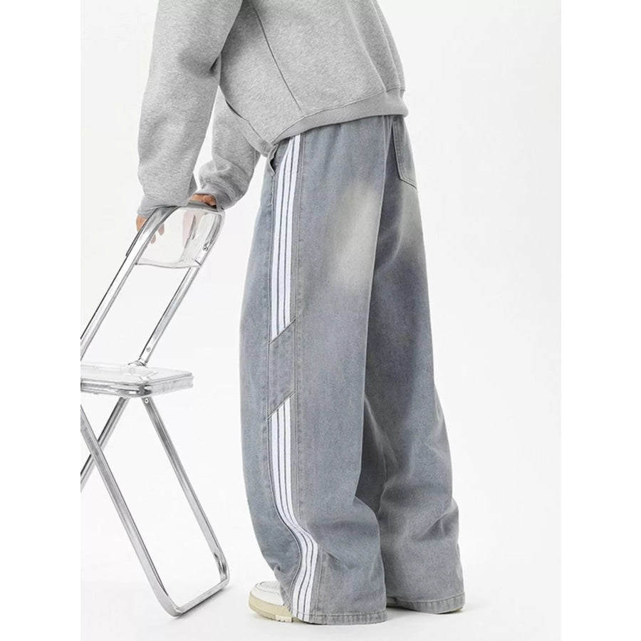 Men’s Full Size Wash Wide-Leg Jeans with Stripe Plus Size Apparel and Accessories