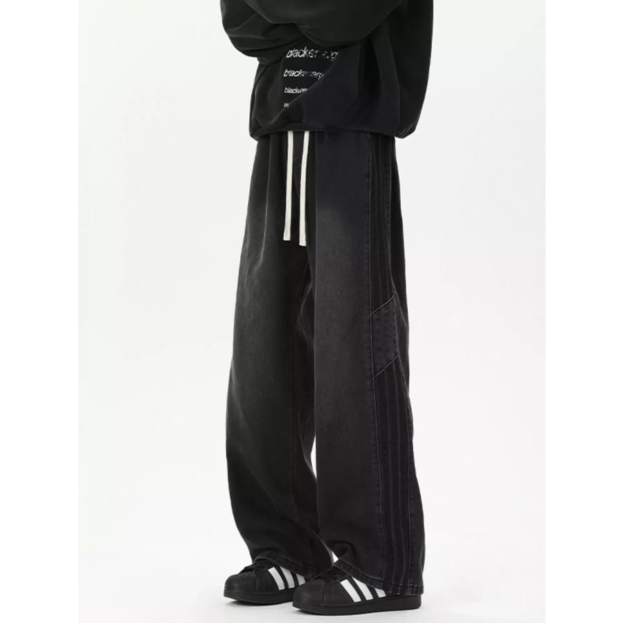 Men’s Full Size Wash Wide-Leg Jeans with Stripe Plus Size Black / S Apparel and Accessories