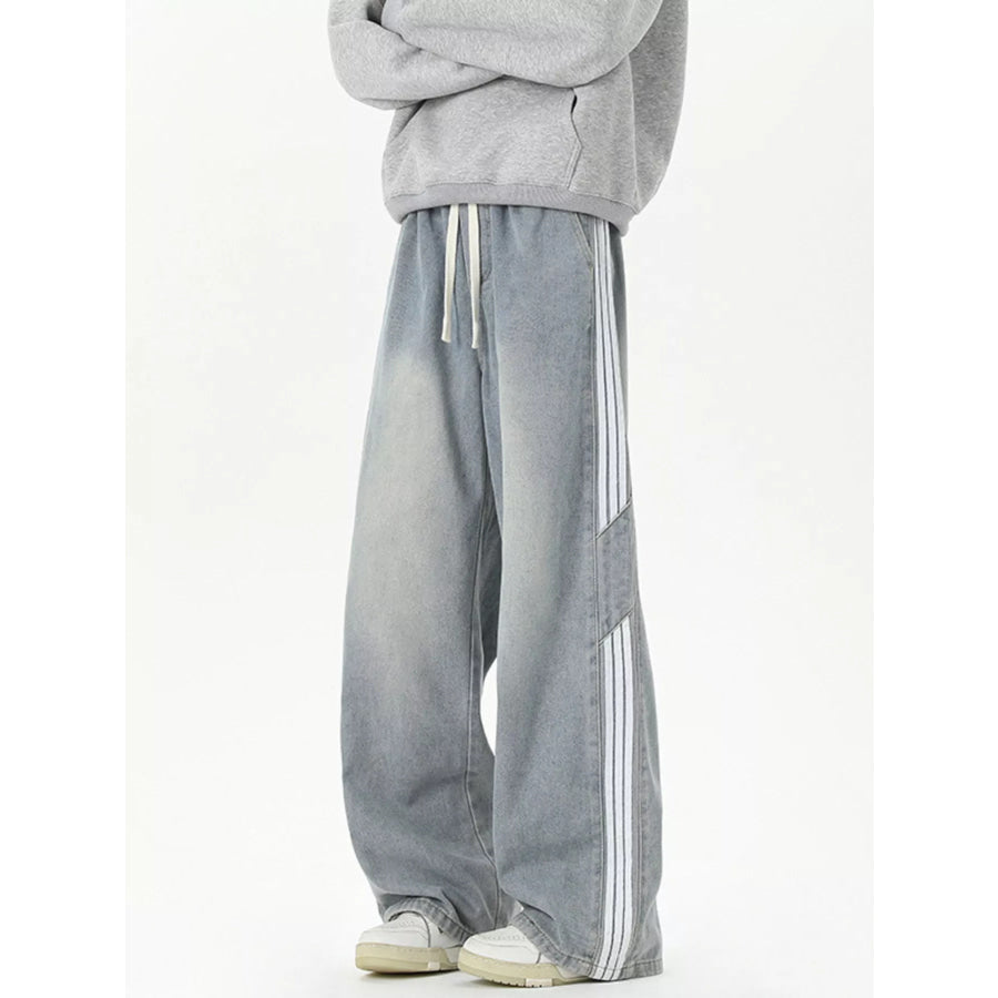 Men’s Full Size Wash Wide-Leg Jeans with Stripe Plus Size Light Blue / S Apparel and Accessories