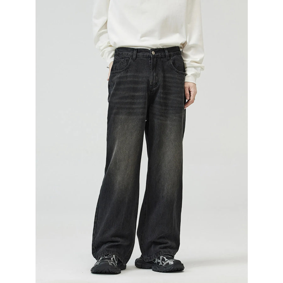 Men’s Full Size Washed Straight Jeans Plus Size Black Gray / S Apparel and Accessories