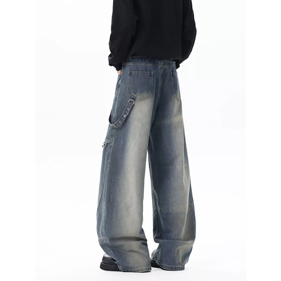 Men’s Full Size Wide-Leg Denim Jeans with Metal Ring Plus Size Apparel and Accessories