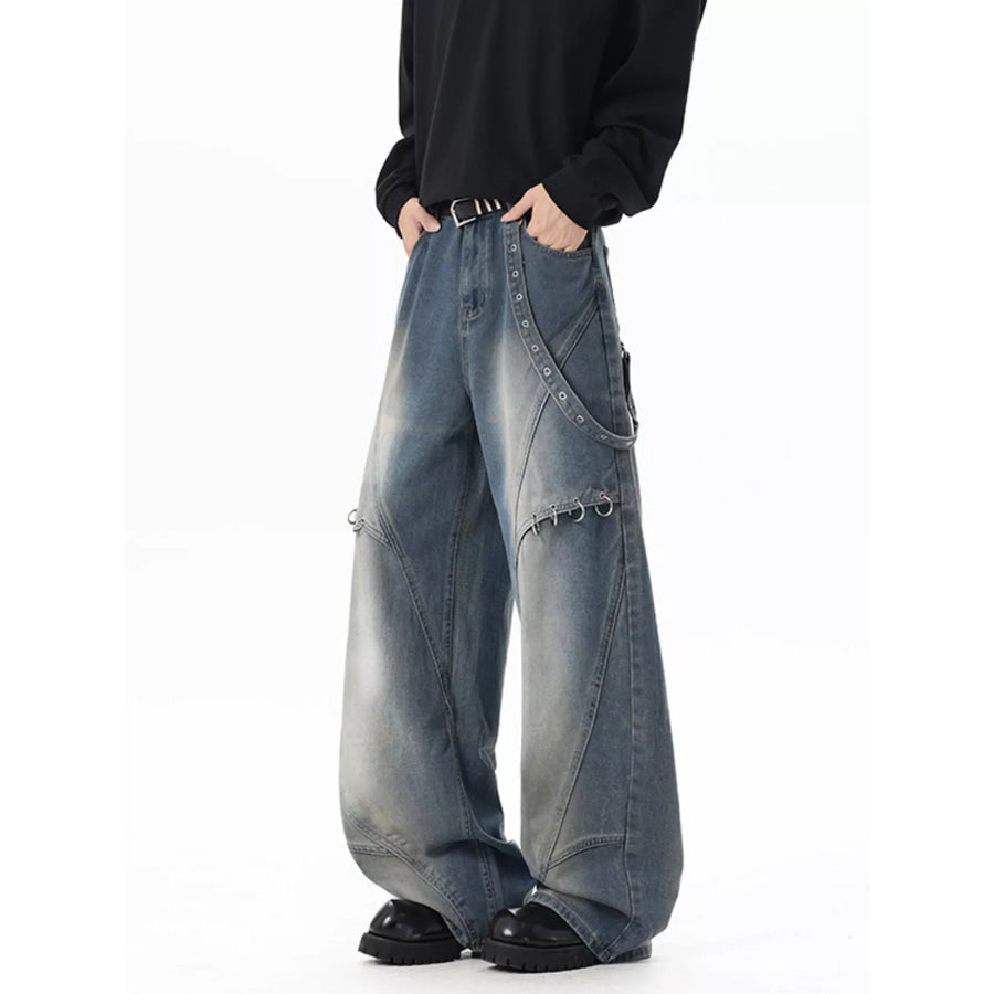 Men’s Full Size Wide-Leg Denim Jeans with Metal Ring Plus Size Apparel and Accessories