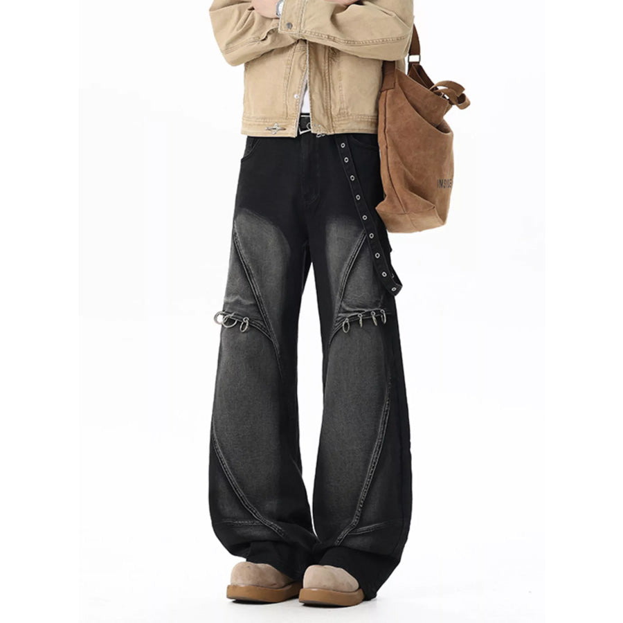 Men’s Full Size Wide-Leg Denim Jeans with Metal Ring Plus Size Apparel and Accessories