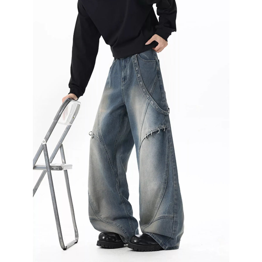 Men’s Full Size Wide-Leg Denim Jeans with Metal Ring Plus Size Apparel and Accessories