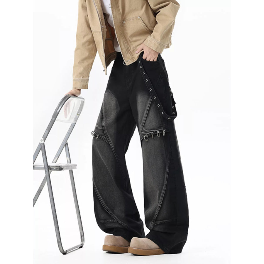 Men’s Full Size Wide-Leg Denim Jeans with Metal Ring Plus Size Black / S Apparel and Accessories