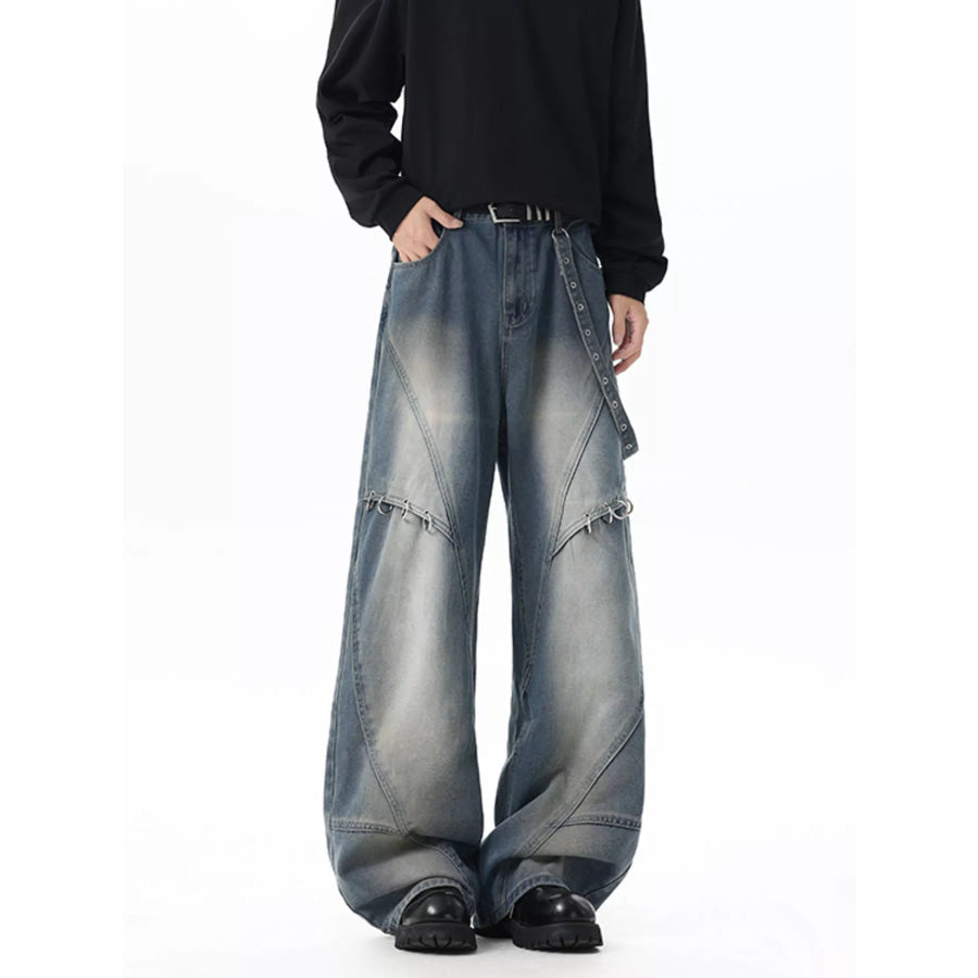 Men’s Full Size Wide-Leg Denim Jeans with Metal Ring Plus Size Blue / S Apparel and Accessories