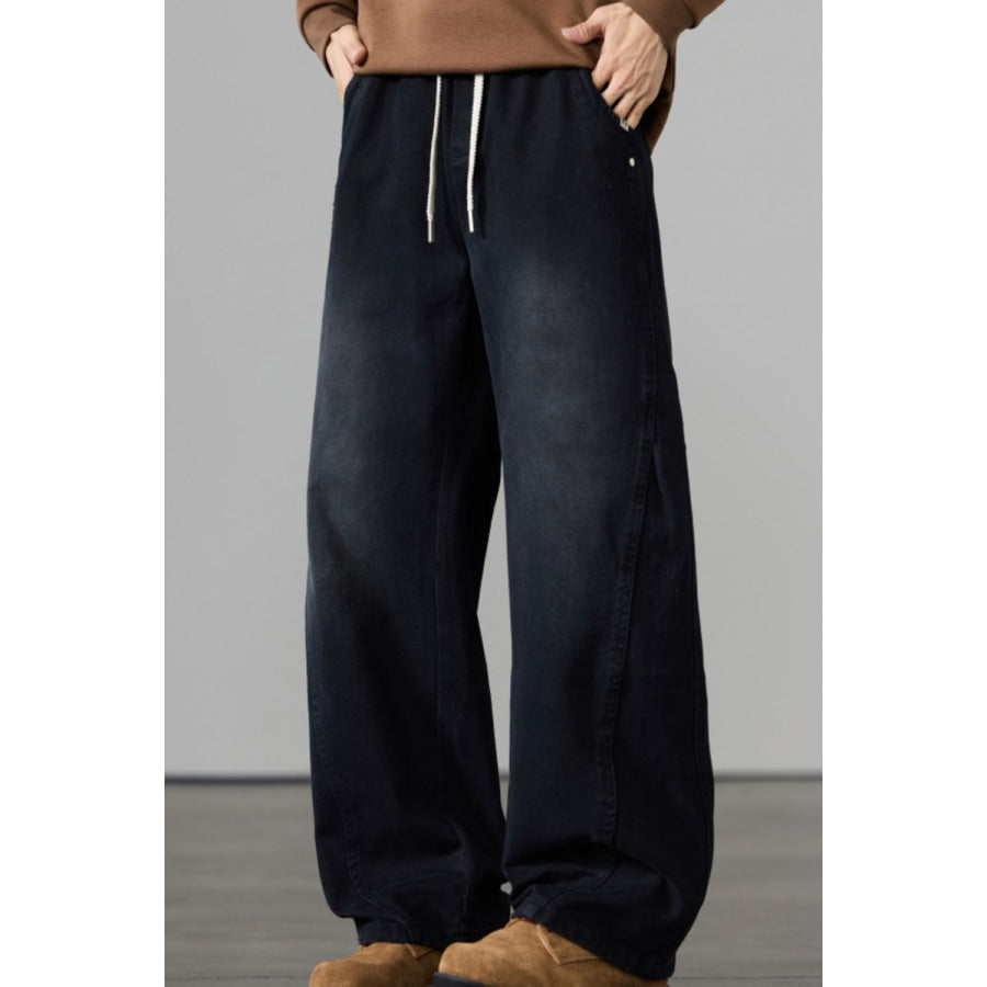 Men’s Full Size Wide Leg Drawstring Jeans Plus Size Black / S Apparel and Accessories