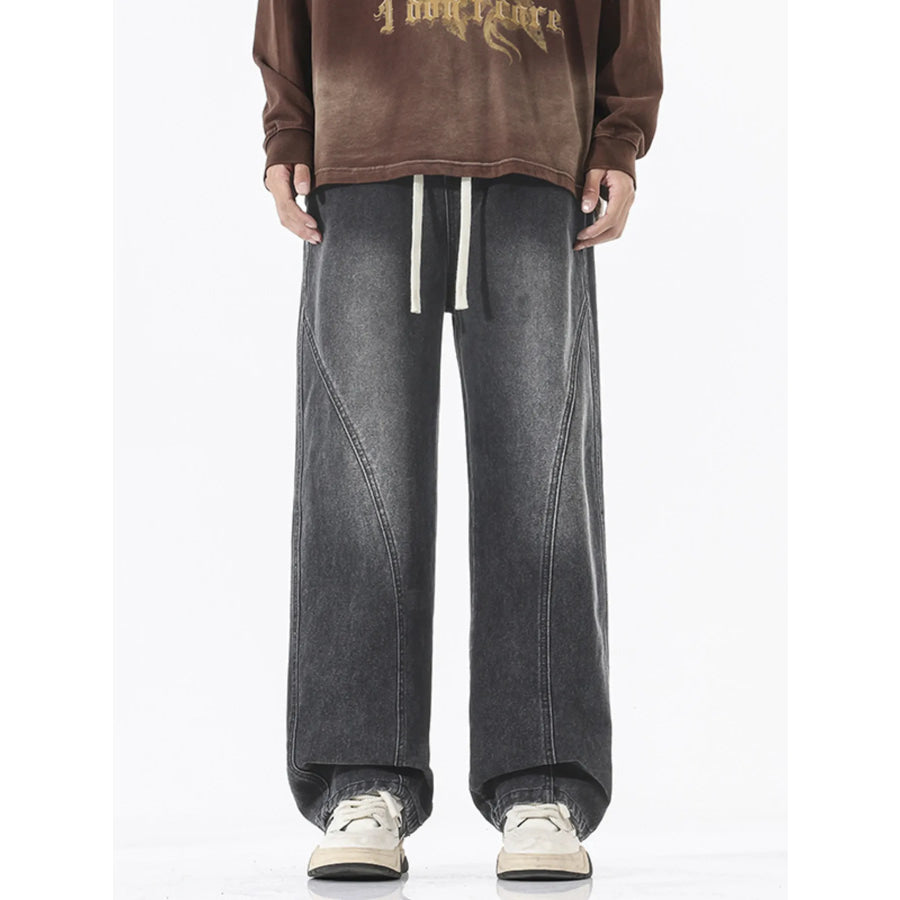 Men’s Full Size Wide Leg Drawstring Jeans Plus Size Dark Gray / S Apparel and Accessories