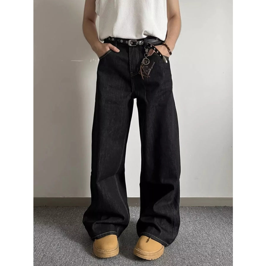Men’s Full Size Wide Leg Wash Jeans Plus Size Black / S Apparel and Accessories