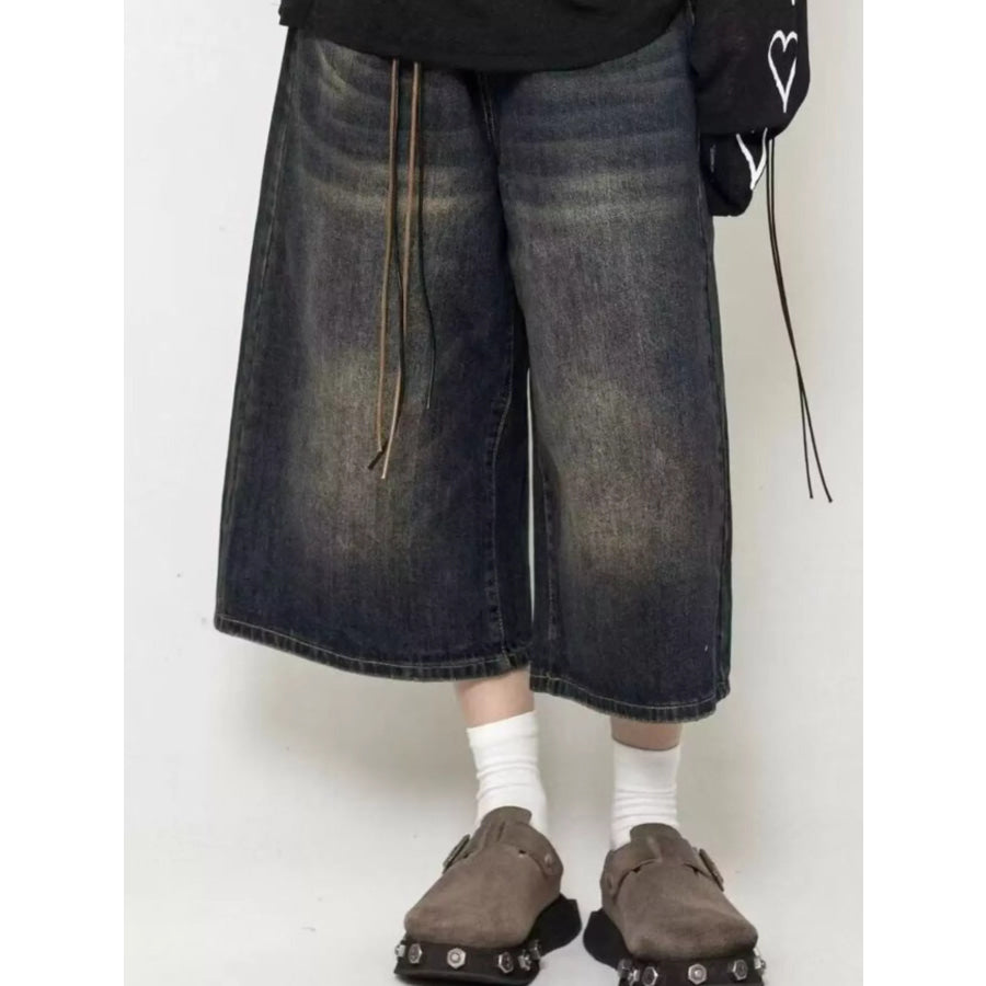 Men’s Full Size Wide Leg Washed Denim Capris Plus Size Dark / S Apparel and Accessories