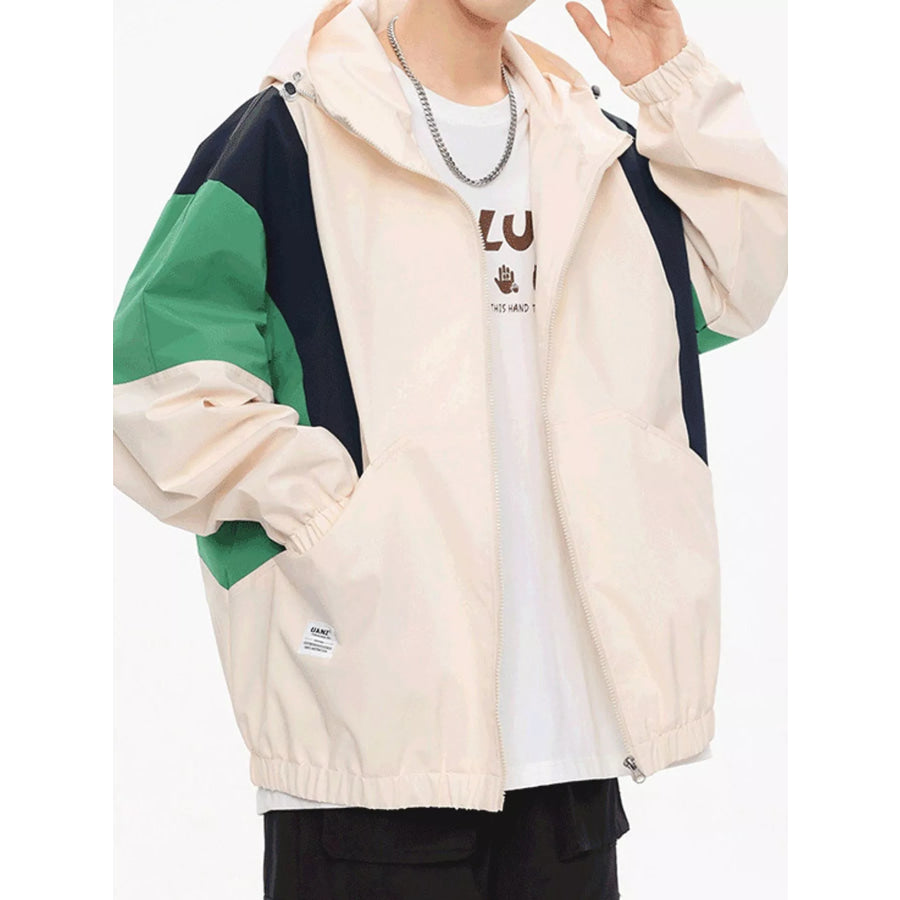 Men’s Full Size Zip-Up Color-Block Hooded Jacket Plus Beige Coffee / S Apparel and Accessories