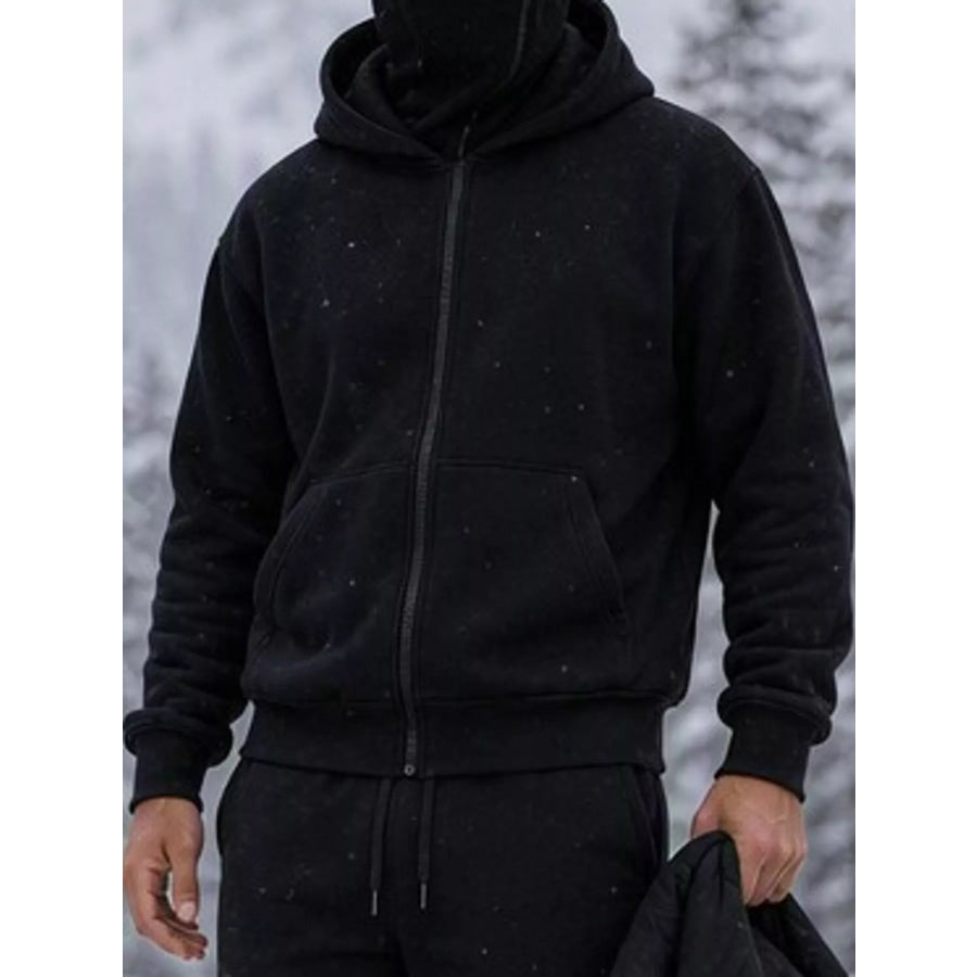 Men’s Full Size Zip-Up Integrated Ski Hoodie with Pockets Plus Black / S Apparel and Accessories