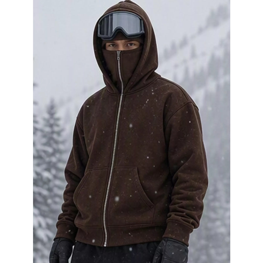 Men’s Full Size Zip-Up Integrated Ski Hoodie with Pockets Plus Brown / S Apparel and Accessories
