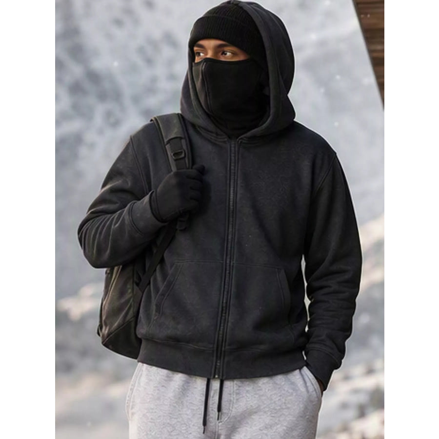 Men’s Full Size Zip-Up Integrated Ski Hoodie with Pockets Plus Dark Gray / S Apparel and Accessories
