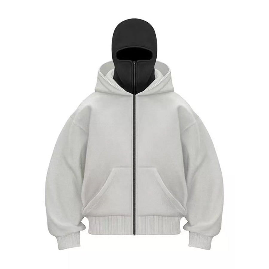 Men’s Full Size Zip-Up Integrated Ski Hoodie with Pockets Plus Light Gray / S Apparel and Accessories