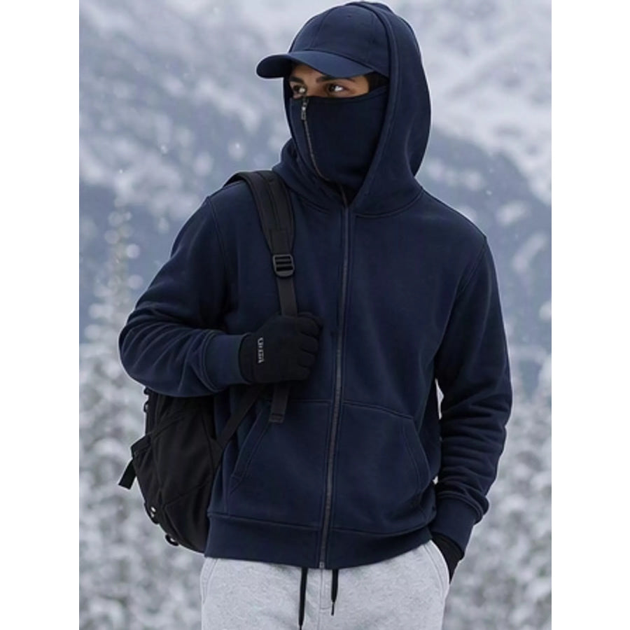 Men’s Full Size Zip-Up Integrated Ski Hoodie with Pockets Plus Navy Blue / S Apparel and Accessories