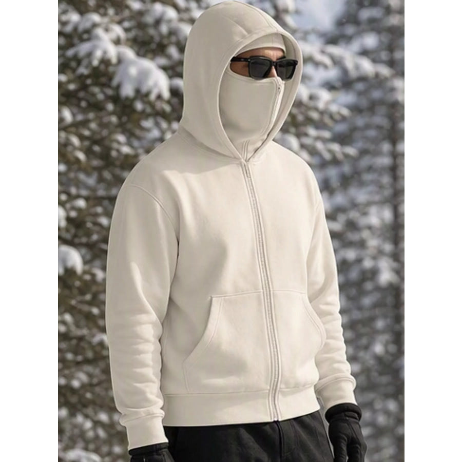 Men’s Full Size Zip-Up Integrated Ski Hoodie with Pockets Plus Off-white / S Apparel and Accessories