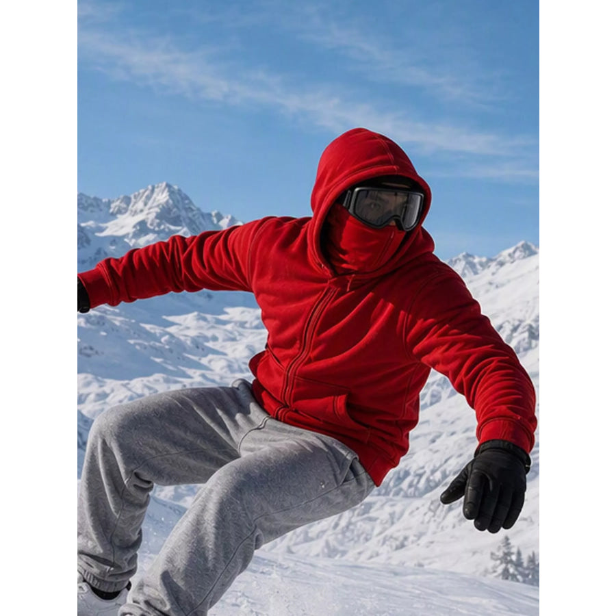 Men’s Full Size Zip-Up Integrated Ski Hoodie with Pockets Plus Red Hat / S Apparel and Accessories
