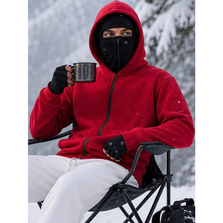 Men’s Full Size Zip-Up Integrated Ski Hoodie with Pockets Plus Red / S Apparel and Accessories