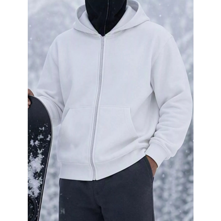 Men’s Full Size Zip-Up Integrated Ski Hoodie with Pockets Plus White Black Hat / S Apparel and Accessories