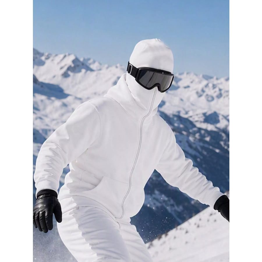 Men’s Full Size Zip-Up Integrated Ski Hoodie with Pockets Plus White / S Apparel and Accessories